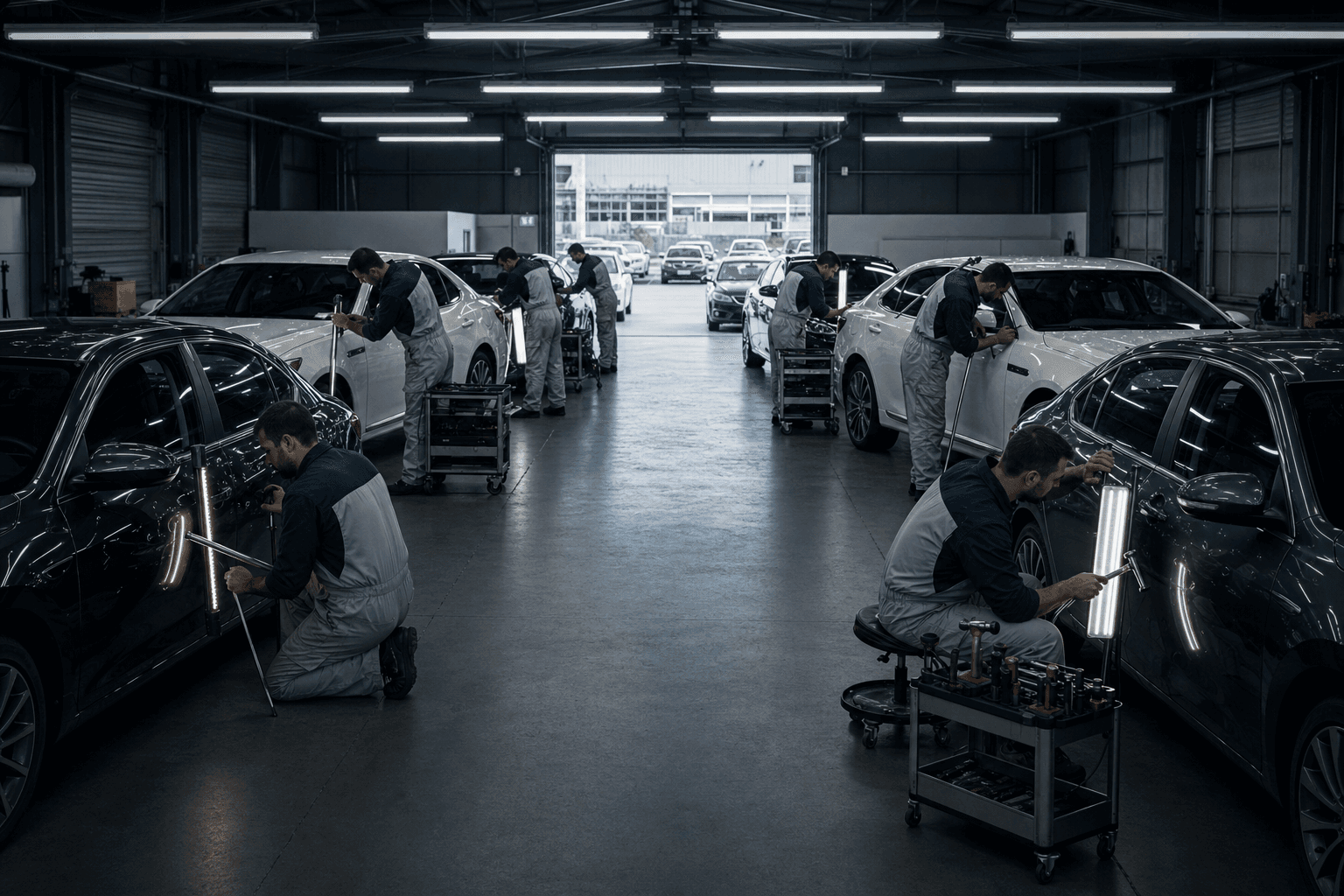 デントリペア専門チームが複数台の雹害車両を修理する現場